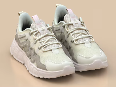 Light Colored Casual Sneakers With Mesh Upper White Laces Thick Sole And Pink Tongue Detail 3d model