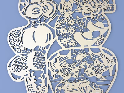 Intricate White Paper Carving Artwork With Floral And Animal Motifs On Blue Background 3d model
