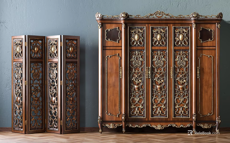Two Vintage Wooden Wardrobes With Intricate Carved Designs And Gold Accents 3d model 