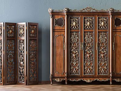Two Vintage Wooden Wardrobes With Intricate Carved Designs And Gold Accents 3d model