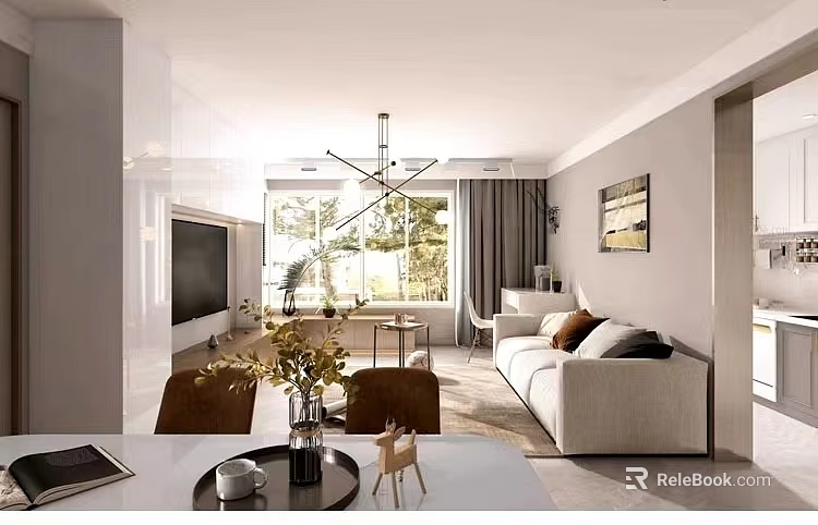 Modern Bright Open Living And Dining Room Interior Design With Cozy Sofa And Large Windows 3d model 