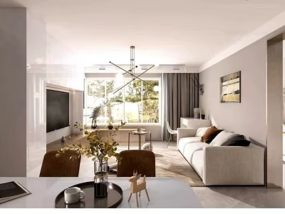 Modern Bright Open Living And Dining Room Interior Design With Cozy Sofa And Large Windows 3d model