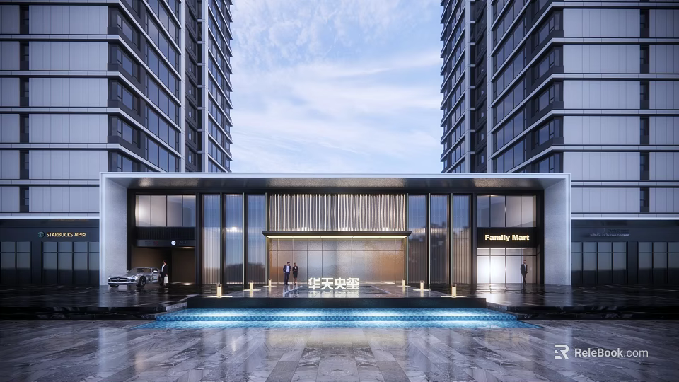 Modern Entrance Gate Design Featuring High Rise Buildings Water Feature And Lighting 3d model 