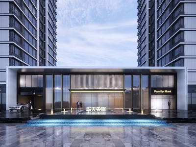 Modern Entrance Gate Design Featuring High Rise Buildings Water Feature And Lighting 3d model