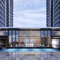 Modern Entrance Gate Design Featuring High Rise Buildings Water Feature And Lighting