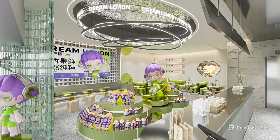 Modern Bubble Tea Shop Interior With Cartoon Character And Displays 3d model 
