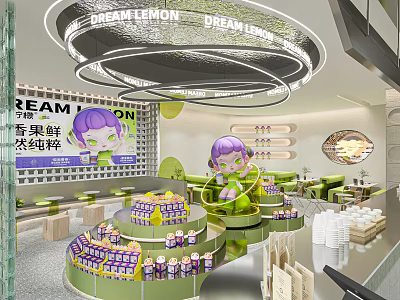 Modern Bubble Tea Shop Interior With Cartoon Character And Displays 3d model