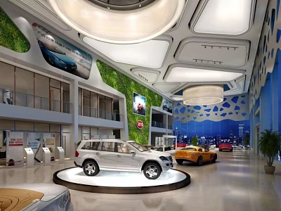 Modern Car Showroom Interior With Displayed Vehicles Green Plant Wall And Ceiling Design 3d model