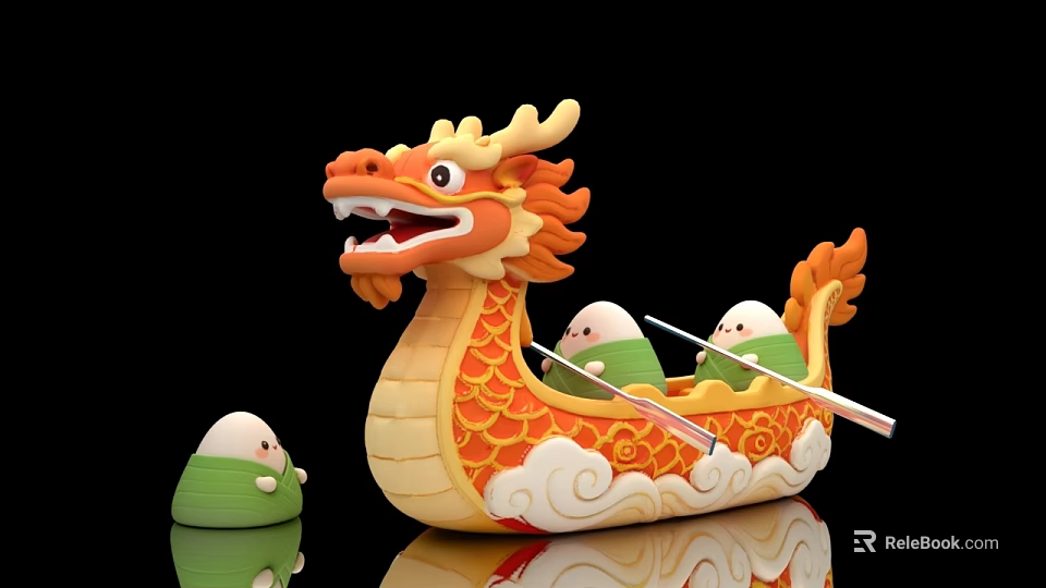 Art Installation Of Traditional Chinese Dragon Boat With Zongzi Rowing Figures 3d model 