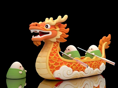 Art Installation Of Traditional Chinese Dragon Boat With Zongzi Rowing Figures 3d model
