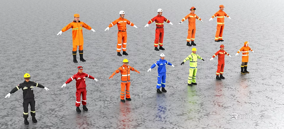 Group of Workers in Different Colored Safety Uniforms Standing on Wet Ground 3d model 