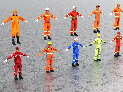 Group of Workers in Different Colored Safety Uniforms Standing on Wet Ground 3d model