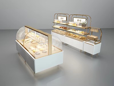 Elegant Bakery Display Shelves With Glass Dome White Cabinet And Golden Frame For Pastries 3d model