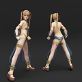 Game Movie Character With Blonde Pigtails Blue Bikini Outfit Transparent Skirt Gold Accessories And Brown Sandals