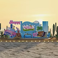 Summer Themed Photo Spot Featuring Pink Car Beach Chairs Cacti Palm Tree And Lights