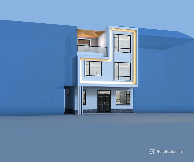 Modern Style Detached Villa Exterior Design With Large Windows Balcony And Lighting 3d model 