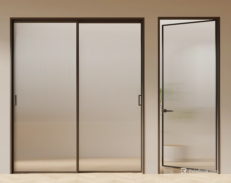 Sliding Doors with Fluted Glass and Dark Frame for Modern Home Interior Open Closed 3d model 