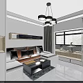 Modern Living and Dining Room Interior With Wooden TV Wall Brown Sofa And Hanging Lights