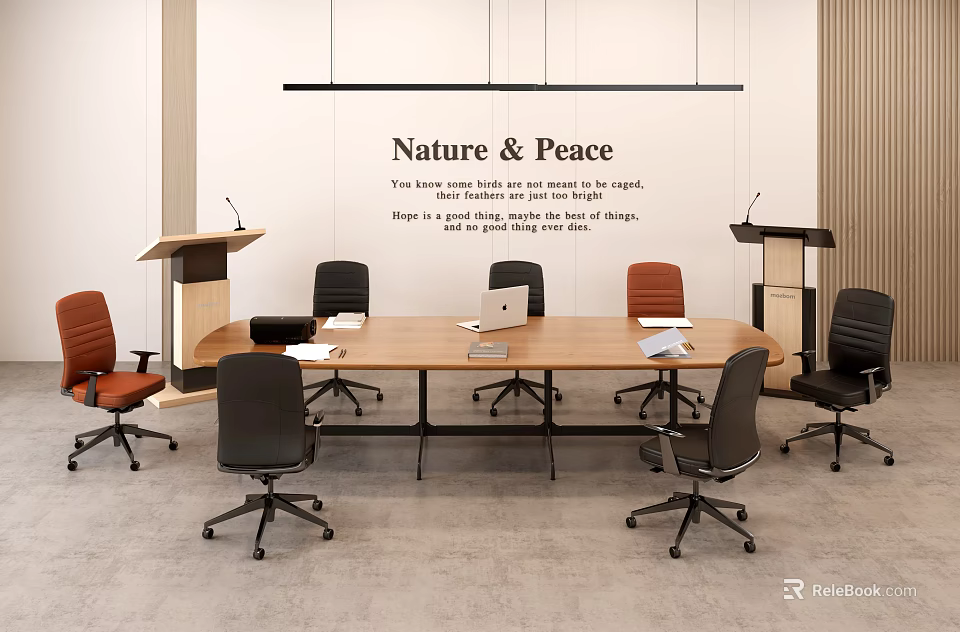 Wooden Conference Office Desk With Laptop Documents And Colorful Chairs Under Nature Peace Sign 3d model 