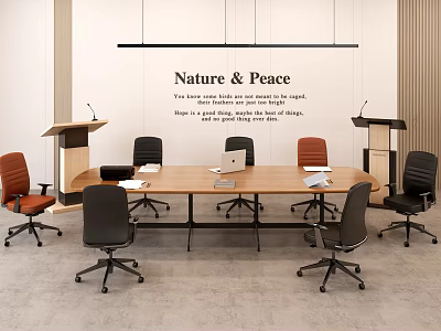 Wooden Conference Office Desk With Laptop Documents And Colorful Chairs Under Nature Peace Sign 3d model