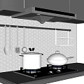 Modern Kitchen Interior With Range Hood Gas Stove Hanging Utensils And Hexagonal Tile Backsplash 3d model