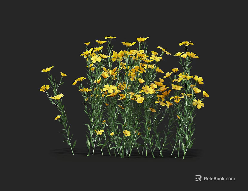 Vibrant Yellow Flowers With Green Stems And Leaves Against Black Background 3d model 