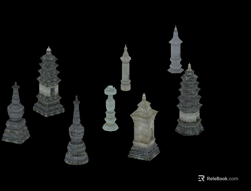 Ancient Architectural Stone Towers With Various Pagoda Designs And Traditional Styles 3d model 