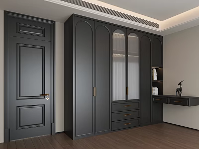 Modern Black Wardrobe Design With Glass Doors Drawers And Side Decorative Table 3d model