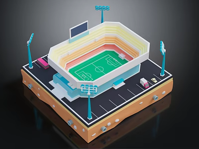 Modern Football Stadium Architecture with Green Field Tiered Stands Light Poles and Parking Lot 3d model