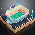 Modern Football Stadium Architecture with Green Field Tiered Stands Light Poles and Parking Lot