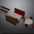 Modern Restaurant Interior With Red Booth Dining Table White Tablecloth Red Chairs And Bar Counter