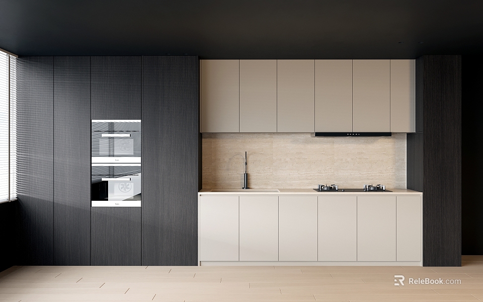 Modern Kitchen Interior Featuring Dark And Light Cabinets With Built In Appliances 3d model 