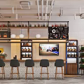 Dessert Shop Modern Interior Design With Bar Counter Stools Wooden Shelves Chandelier And Plants