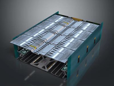 Cartoon Mechanical Platform Scene with Metallic Panels Yellow Warning Stripes and Blue Structure 3d model