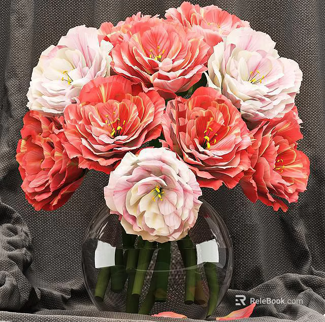 Beautiful Red Pink Flowers Arrangement in Transparent Glass Vase with Textured Background 3d model 