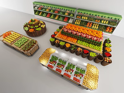 Neatly Arranged Fresh Fruit And Vegetable Display With Shelves Baskets And Produce 3d model