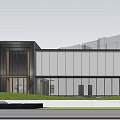 Modern Sales Office Building Architecture With Glass Curtain Wall And Landscaped Garden Featuring Trees And Lighting