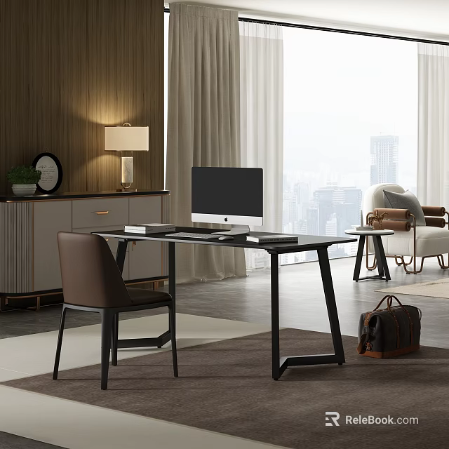 Modern Study Desk with Computer Wooden Chair and Table Lamp Near Window City View 3d model 