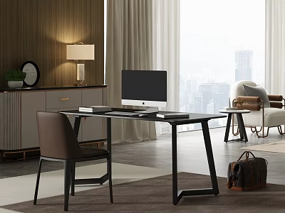 Modern Study Desk with Computer Wooden Chair and Table Lamp Near Window City View 3d model
