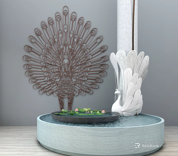 Swan and Peacock Shaped Metal Garden Ornaments with Water Basin and Green Plants 3d model 