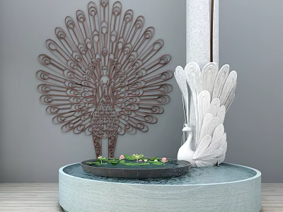 Swan and Peacock Shaped Metal Garden Ornaments with Water Basin and Green Plants 3d model