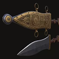 Ancient Dagger Sharp Blade With Ornate Gold Carved Sheath Ring And Red Handle 3d model