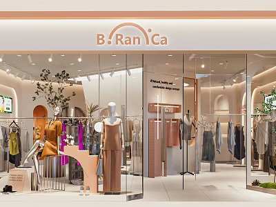 Modern Clothing Store Interior With Glass Facade Mannequins Hanging Clothes And Decorative Plants 3d model