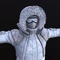 White Winter Coat Outfit With Hood Goggles Belt Jeans And Boots Front Back Views