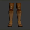 Brown Knee High Boots With Fleur De Lis Pattern Folded Cuffs And Strap Details