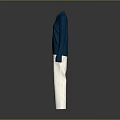Model wearing dark blue long sleeve top and white striped pants on gray background