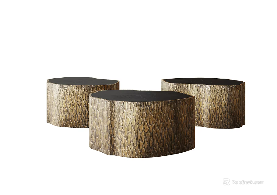 Three Piece Modern Coffee Tables with Wood Grain Pattern and Black Surfaces 3d model 
