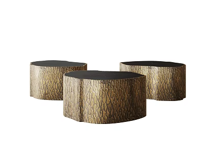 Three Piece Modern Coffee Tables with Wood Grain Pattern and Black Surfaces 3d model