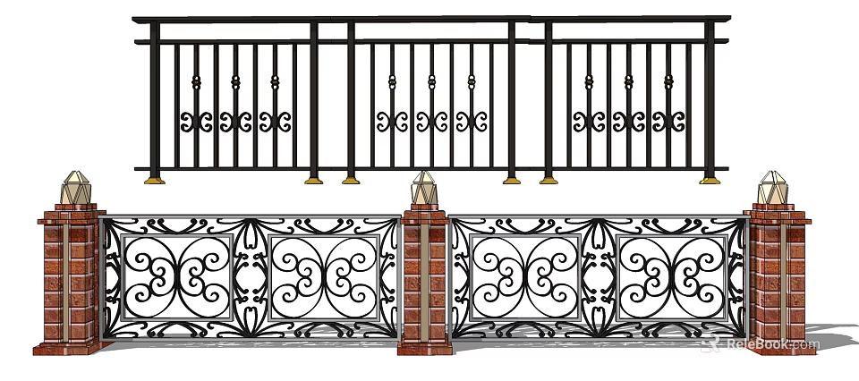 Building Exterior Wall With Wrought Iron Railings Ornate Patterns And Brick Pillar 3d model 