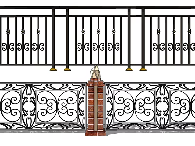 Building Exterior Wall With Wrought Iron Railings Ornate Patterns And Brick Pillar 3d model